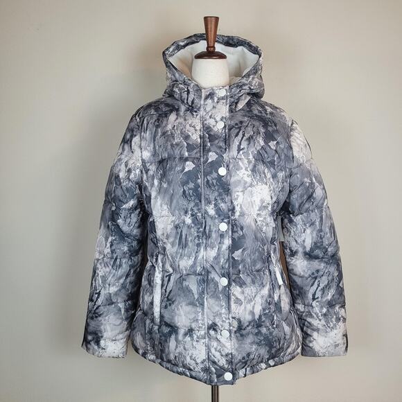 Amazon Essentials Jacket Medium Black White Marble Hooded Puffer Coat Zip NEW - Picture 2 of 11